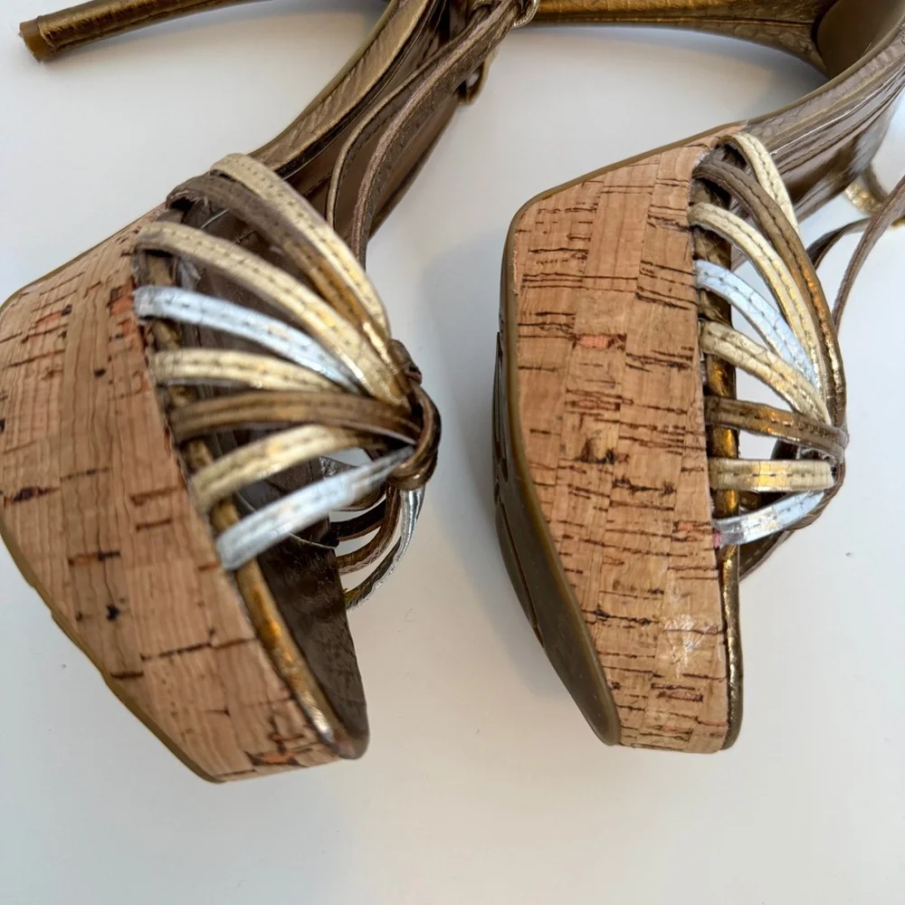 BCBG Gold Strappy Cork Platform Heels, Size 7 - Picture 6 of 11